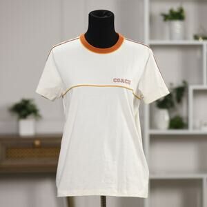 NWT Coach Limited Edition Varsity T-Shirt Cream Gold Trim Logo Sleeves Size S